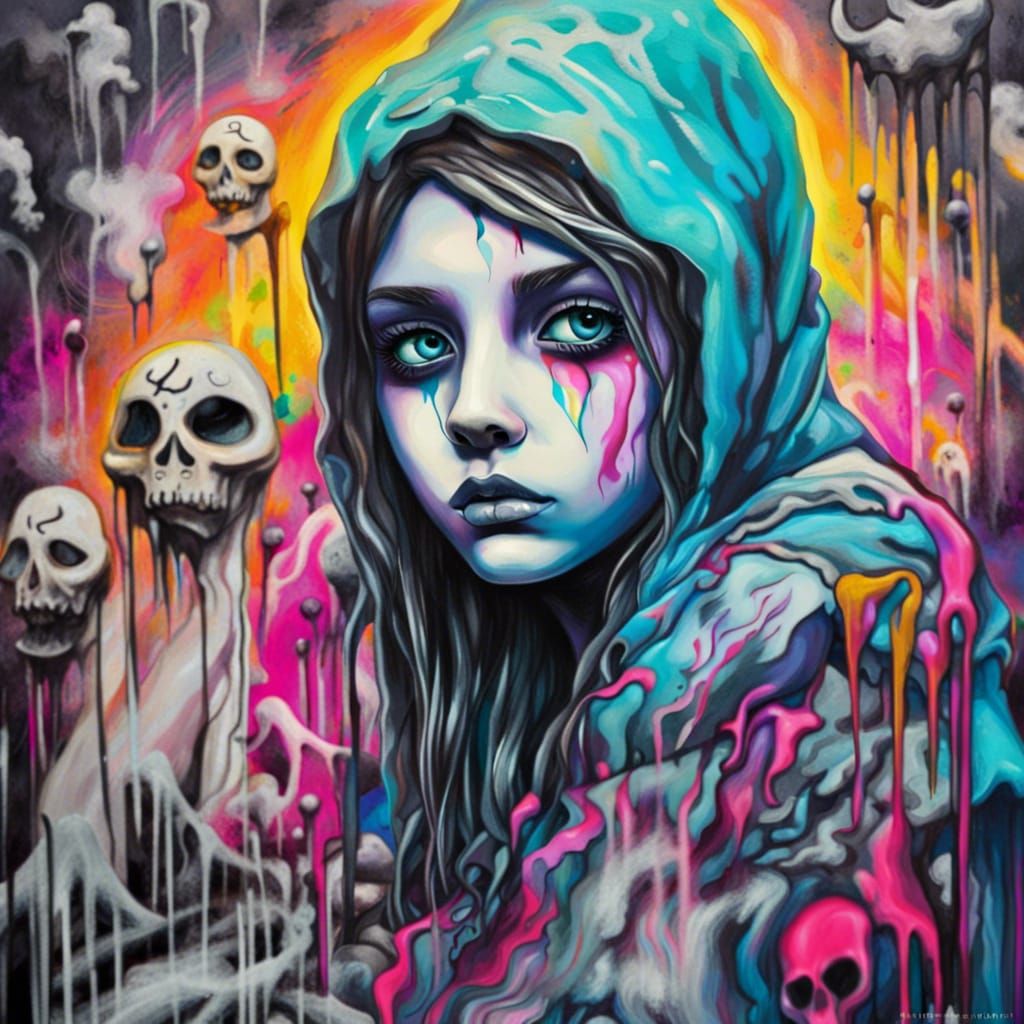 Eerie Ghost Girl in Graveyard, Graffiti Art Style