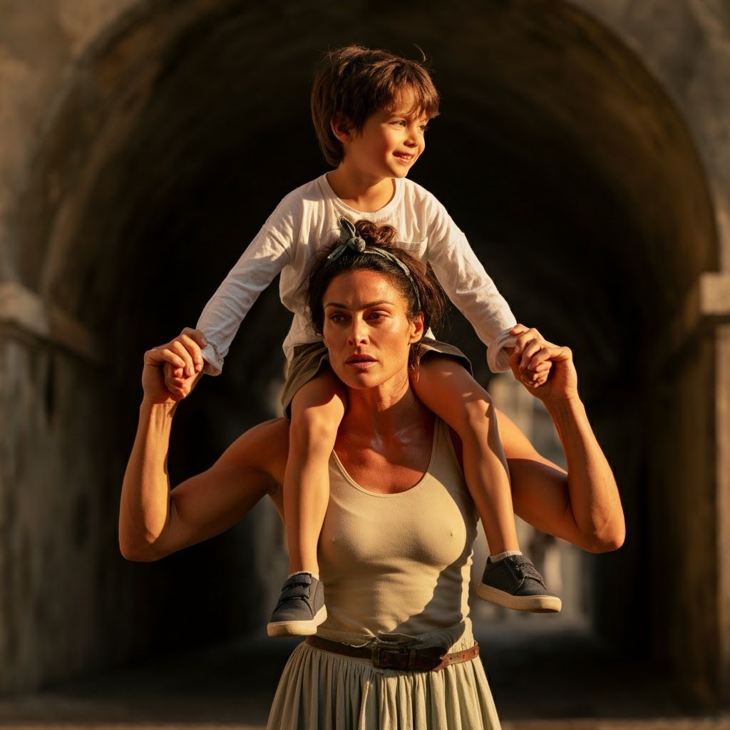 Photorealistic Image of Boy on Athletic Italian Woman's Shou...