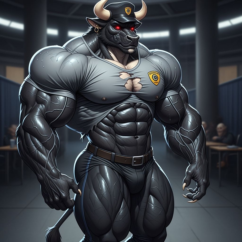 Muscular Bull Bodybuilder in Security Uniform