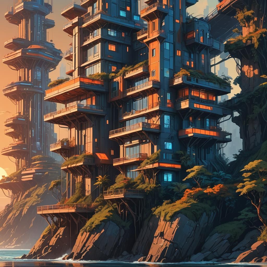 Science Fantasy Tower by Sea with Hovering Spaceship
