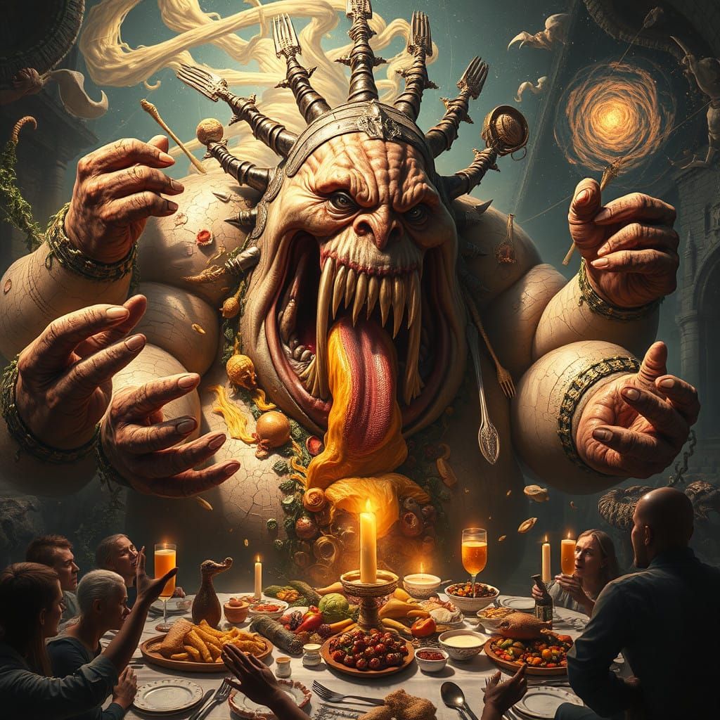 Gluttony's Eternal Feast: A Grotesque God in Opulent Abundan...