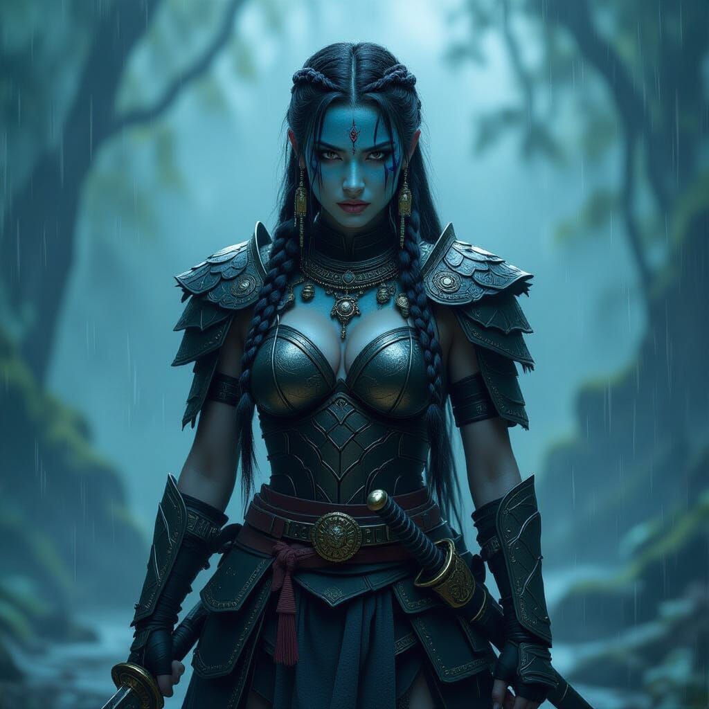 Armored Female Warrior in Rainfall: Fantasy Realism
