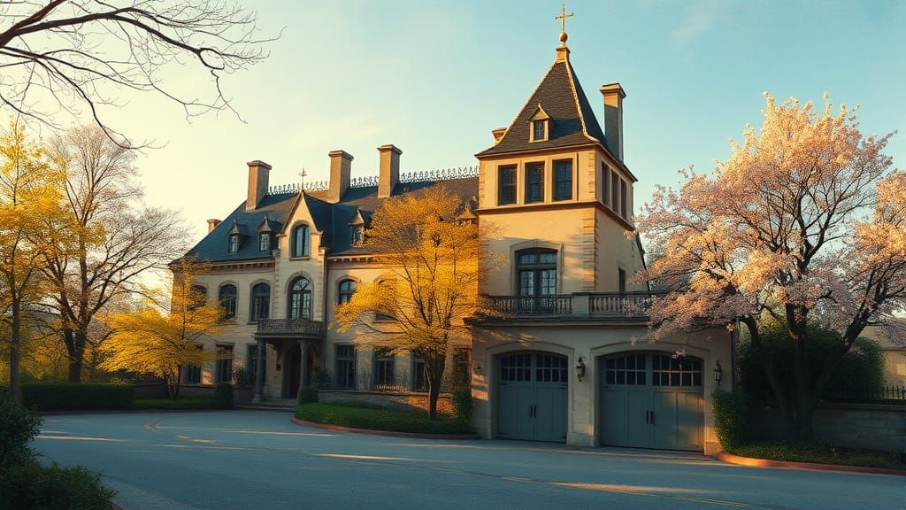 Chateau and Garage in Golden Afternoon Light
