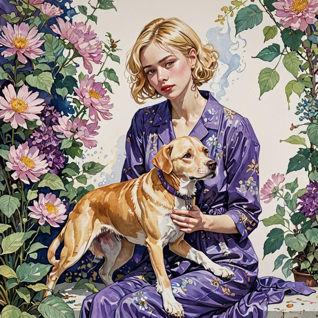 Woman and Dog in Flat Style Gouache Painting