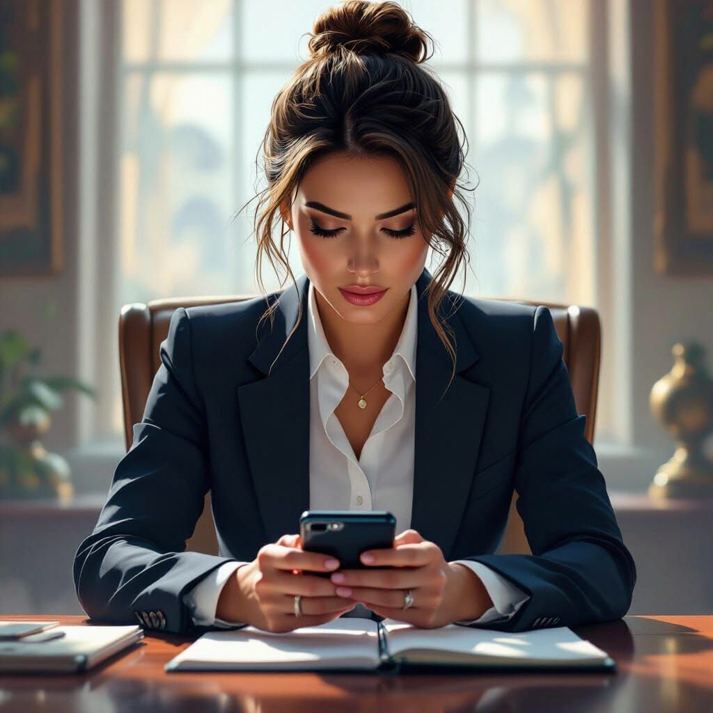 Hyperrealistic Woman Focused on Cellphone, Detailed Matte Pa...