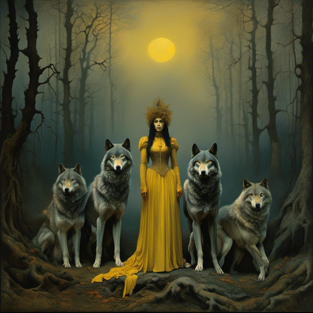 Wolf Woman and Wolves in Hyper-Realistic Style