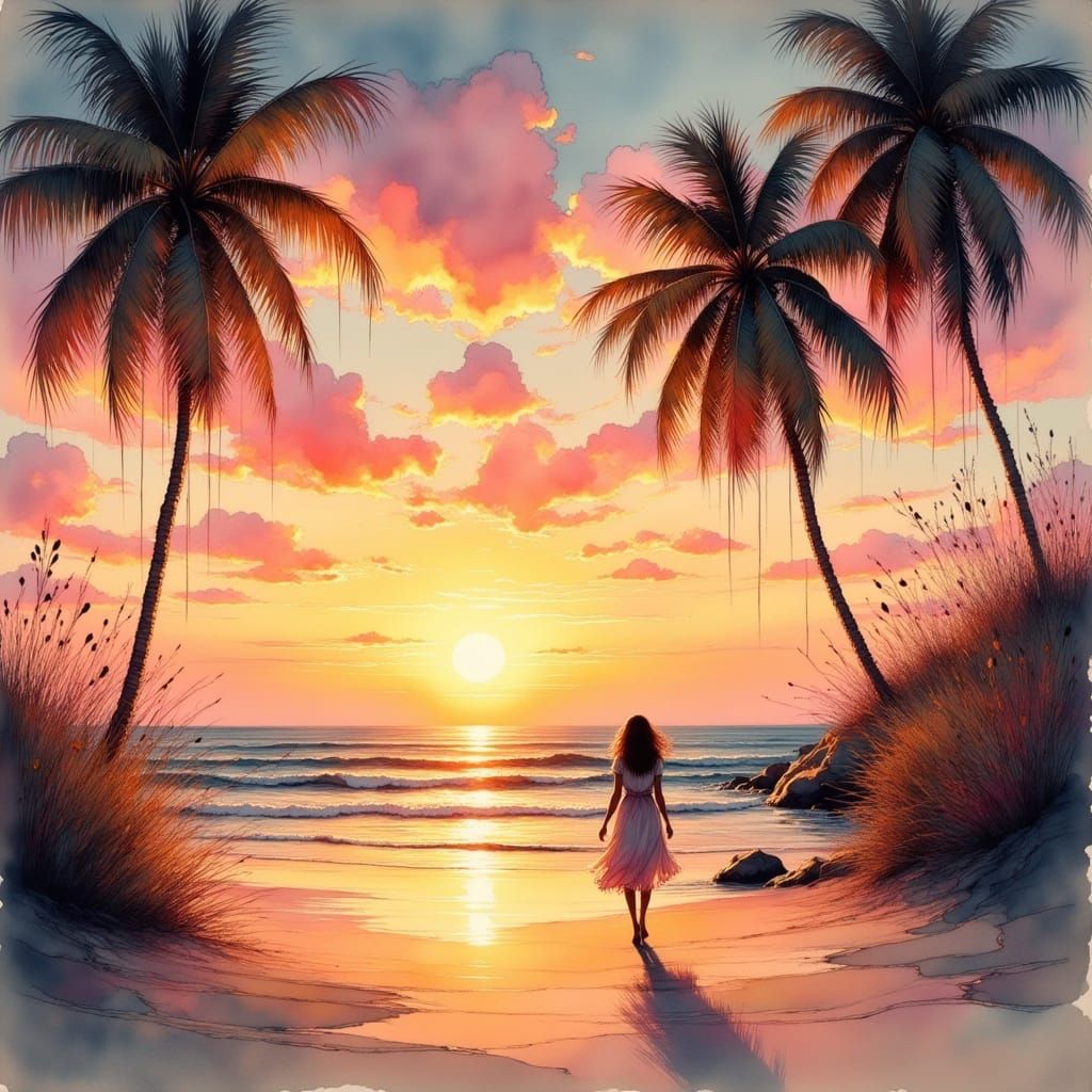 Sunset Beach Scene in Impressionist Style