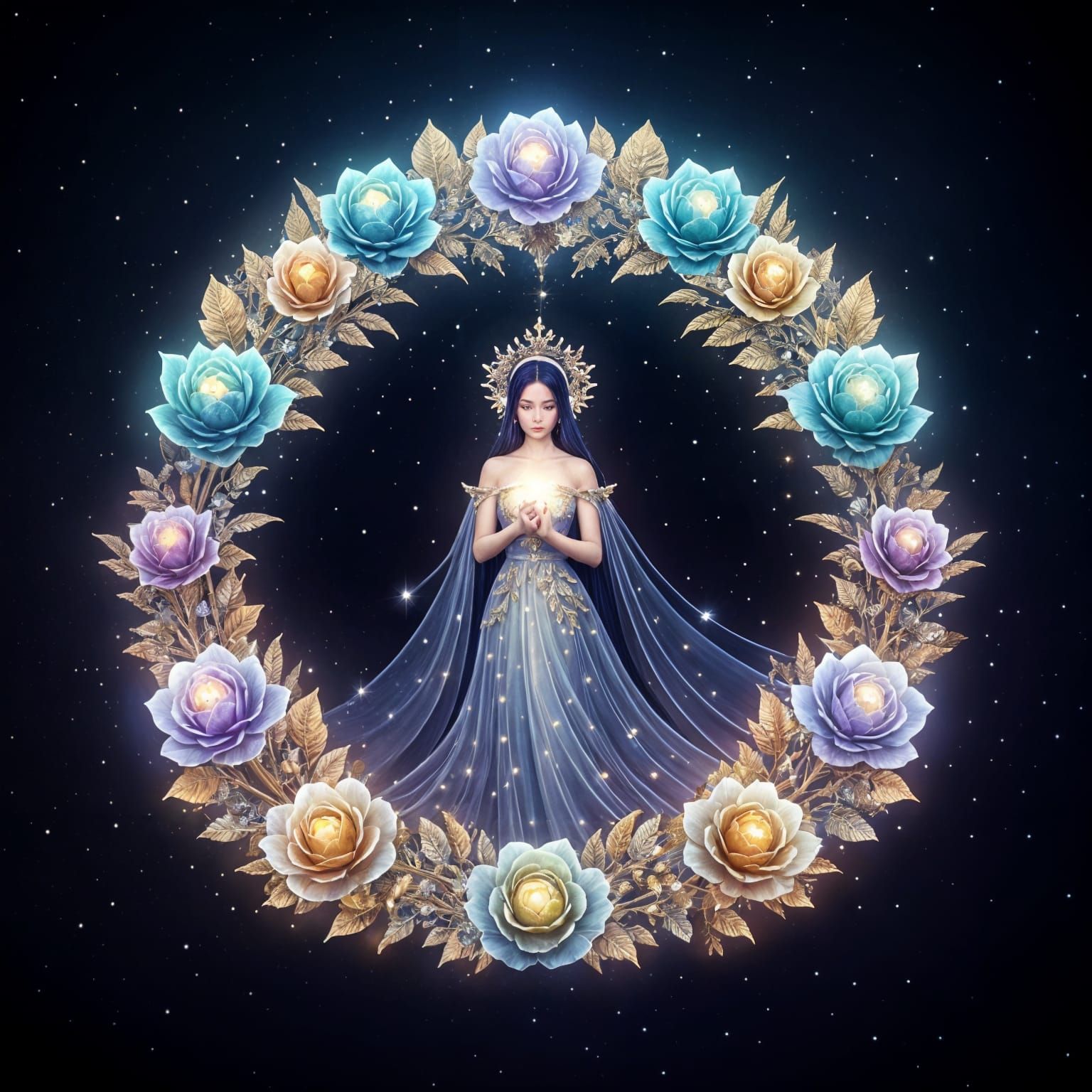 Cosmic Rose Maiden in Stellar Bloom Wreath