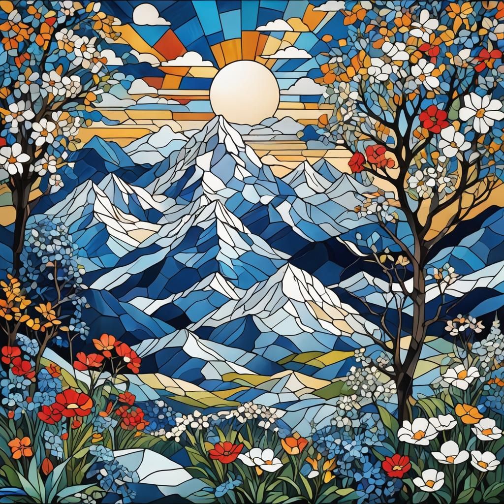 Stained Glass Mountain Range in Pop Art Style