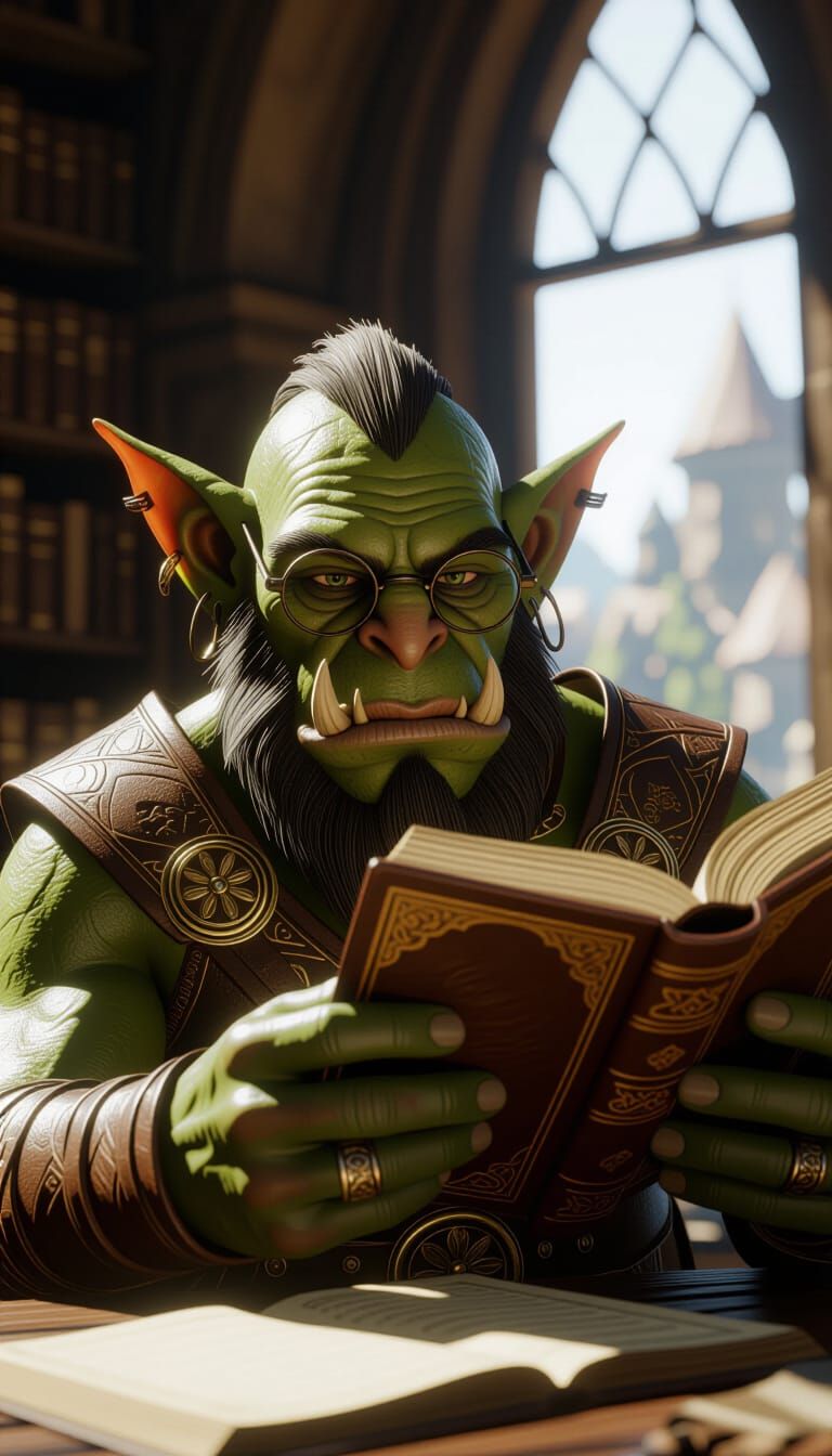 Orcish Scholar Studies Ancient Tome in Hyper-Realistic Style