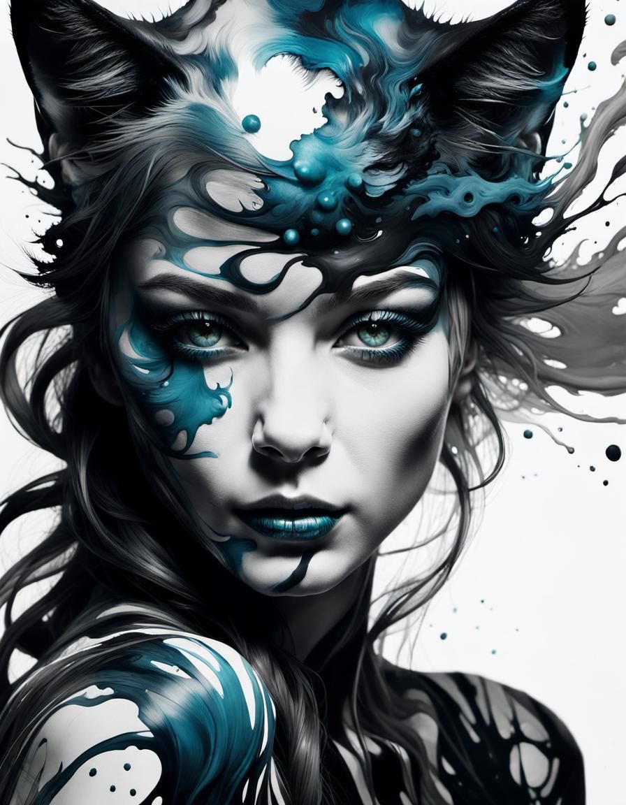 Dramatic Feline Woman in Inkblot Splash Art