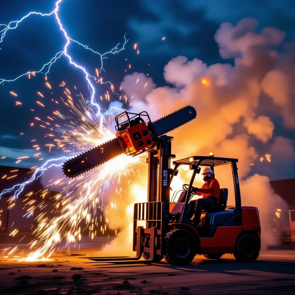 Dangerous Chainsaw Accident on Forklift with Fire