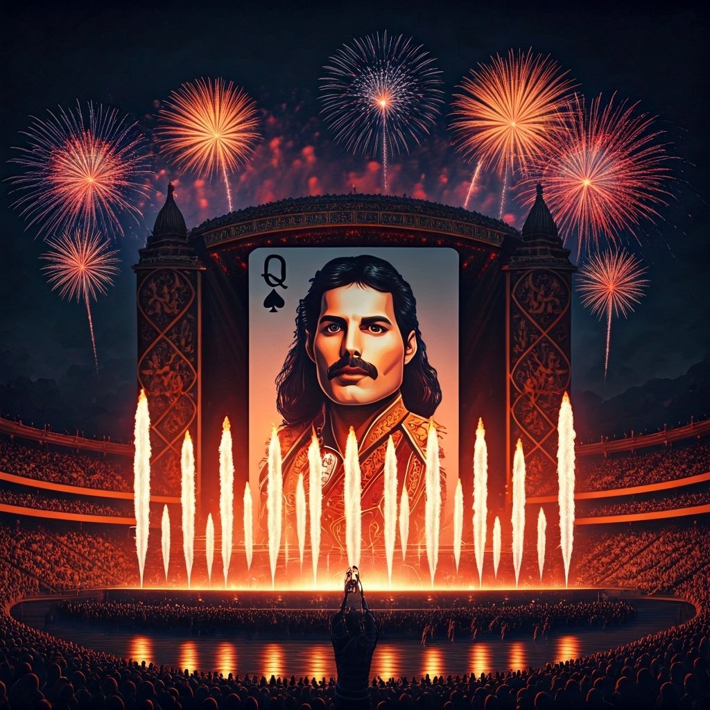 Freddie Mercury Queen of Spades Card on Fiery Stage