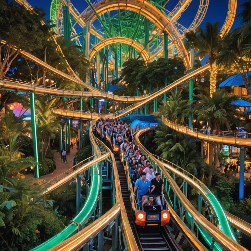 Futuristic Theme Park with Gleaming Rollercoasters