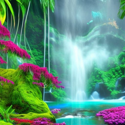 Tropical Island Waterfall with Exotic Flowers, Realistic Sty...