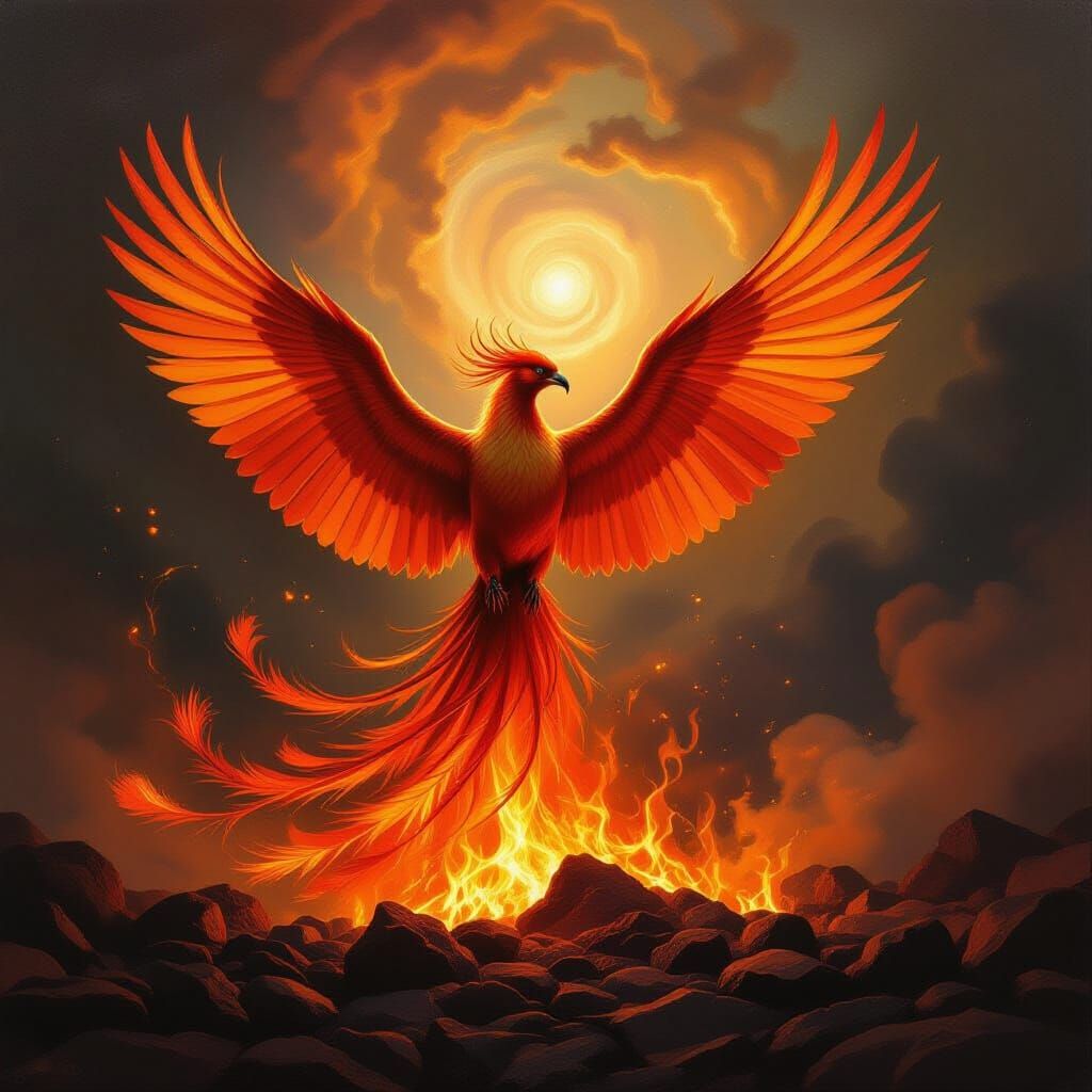Majestic Phoenix Ascends from Cosmic Embers in Oil Painting ...