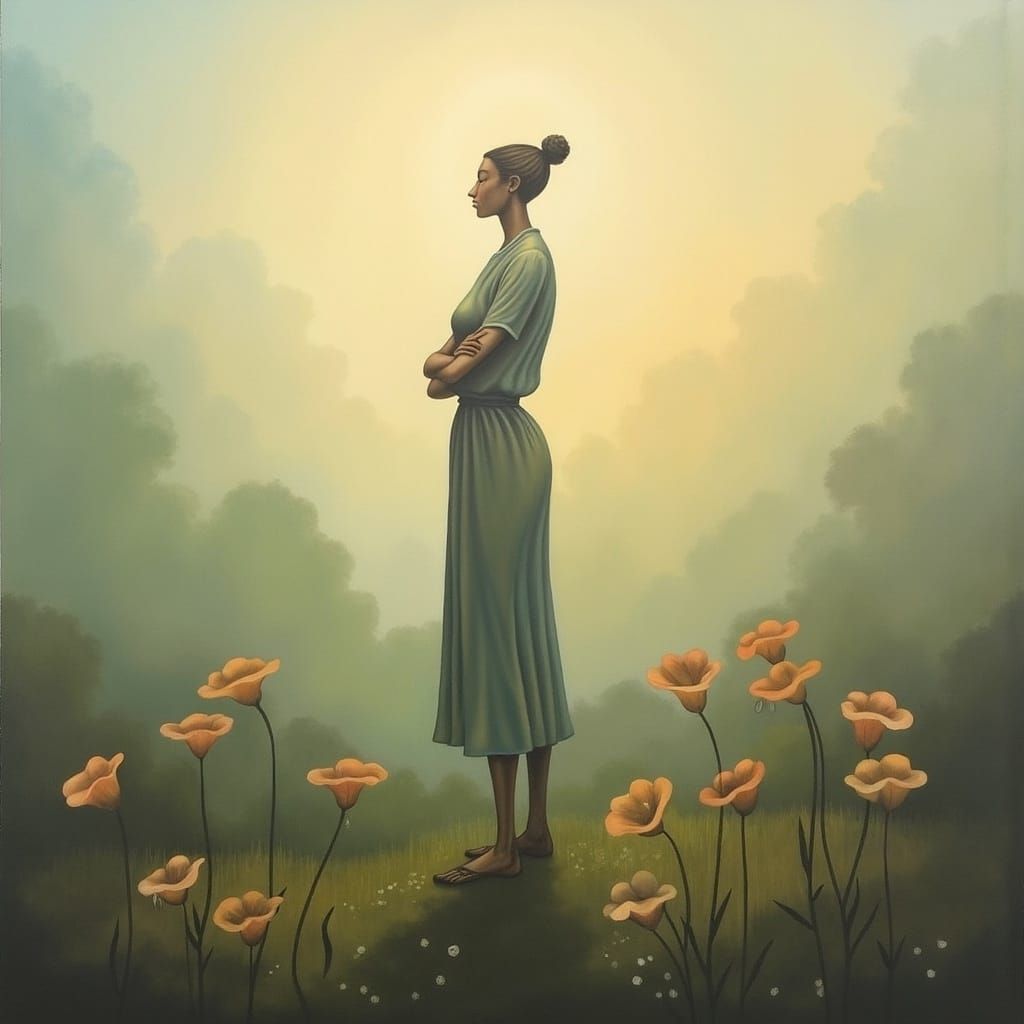 Figurine in Misty Garden Landscape, Impressionist Style