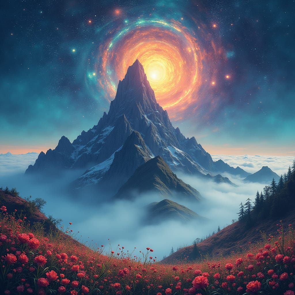 Ethereal Mountain Galaxy with Vibrant Flowers
