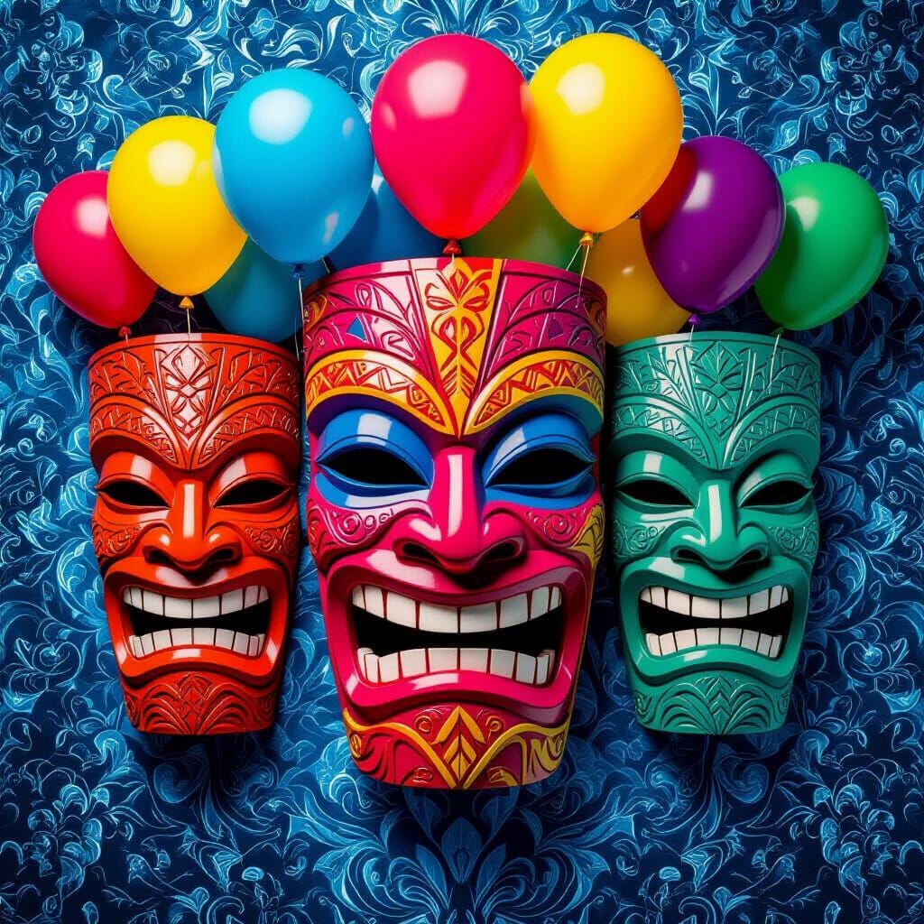Festive Tiki Masks with Balloons in Psychedelic Style
