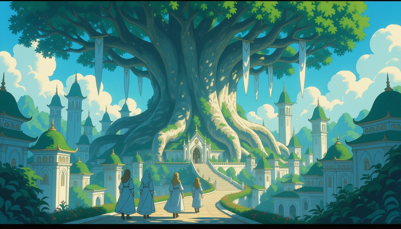 Mystical Elvish City in Endless Forest, Miyazaki Style