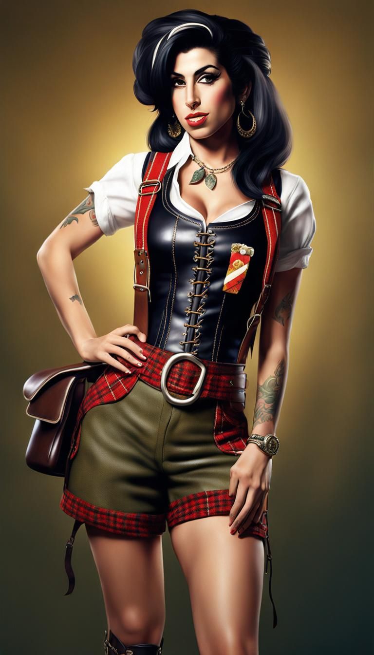 Amy Winehouse in a charismatic female lederhosen outfit