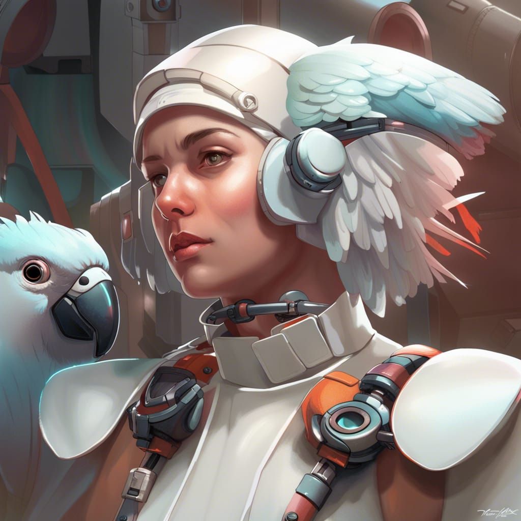 Goffin's Cockatoo on Robot Shoulder in Retrofuturism Style