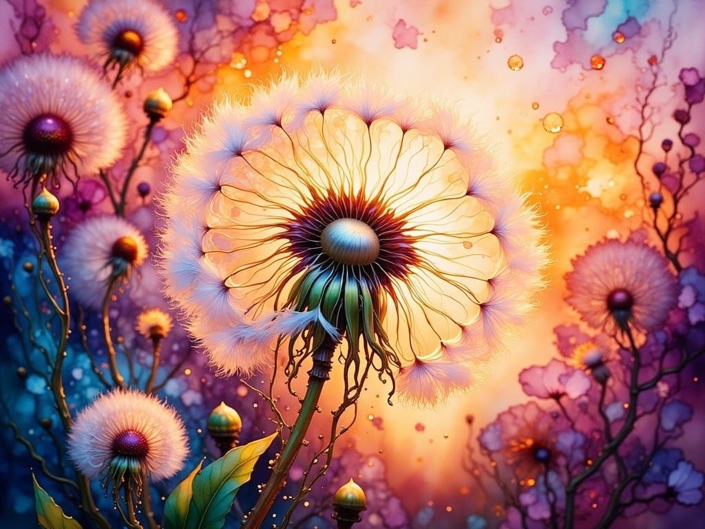 Whimsical Sunset Dandelion Watercolor