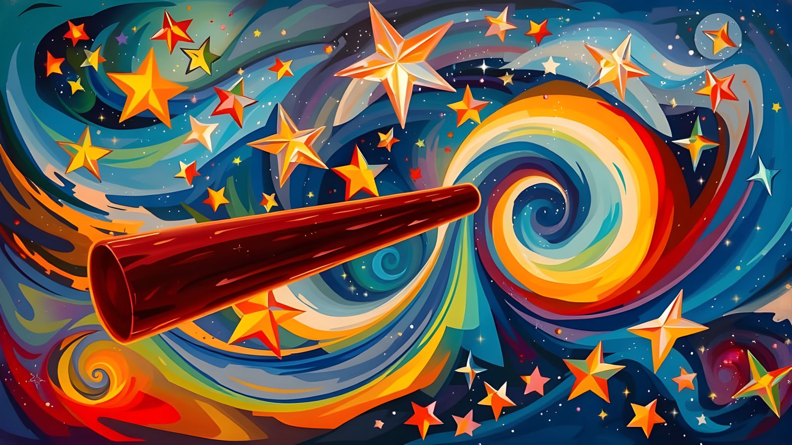 Surreal Cosmos: Spinning Cylinder Reflecting Kandinsky Stars
