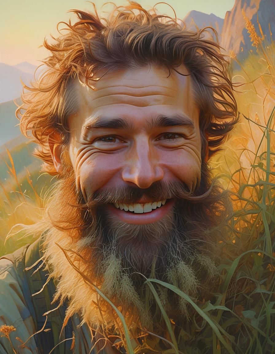 Bearded Man with Grass Beard in Oil Painting Style