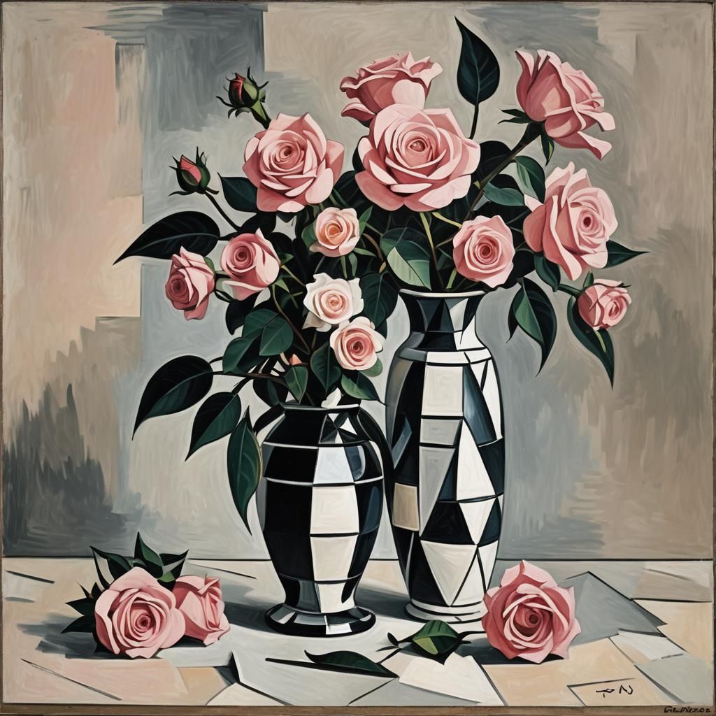 Picasso Style Still Life with Roses and Fruit
