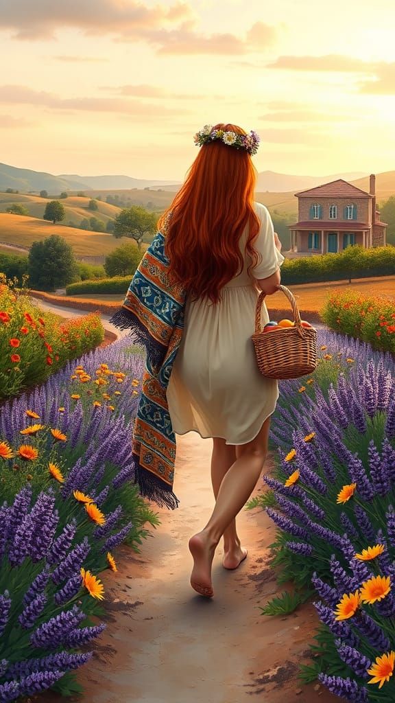 Woman in Garden with Fruits, Realistic Style