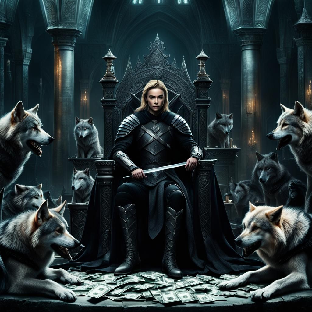 Peyton List as Knight on Throne with Wolves