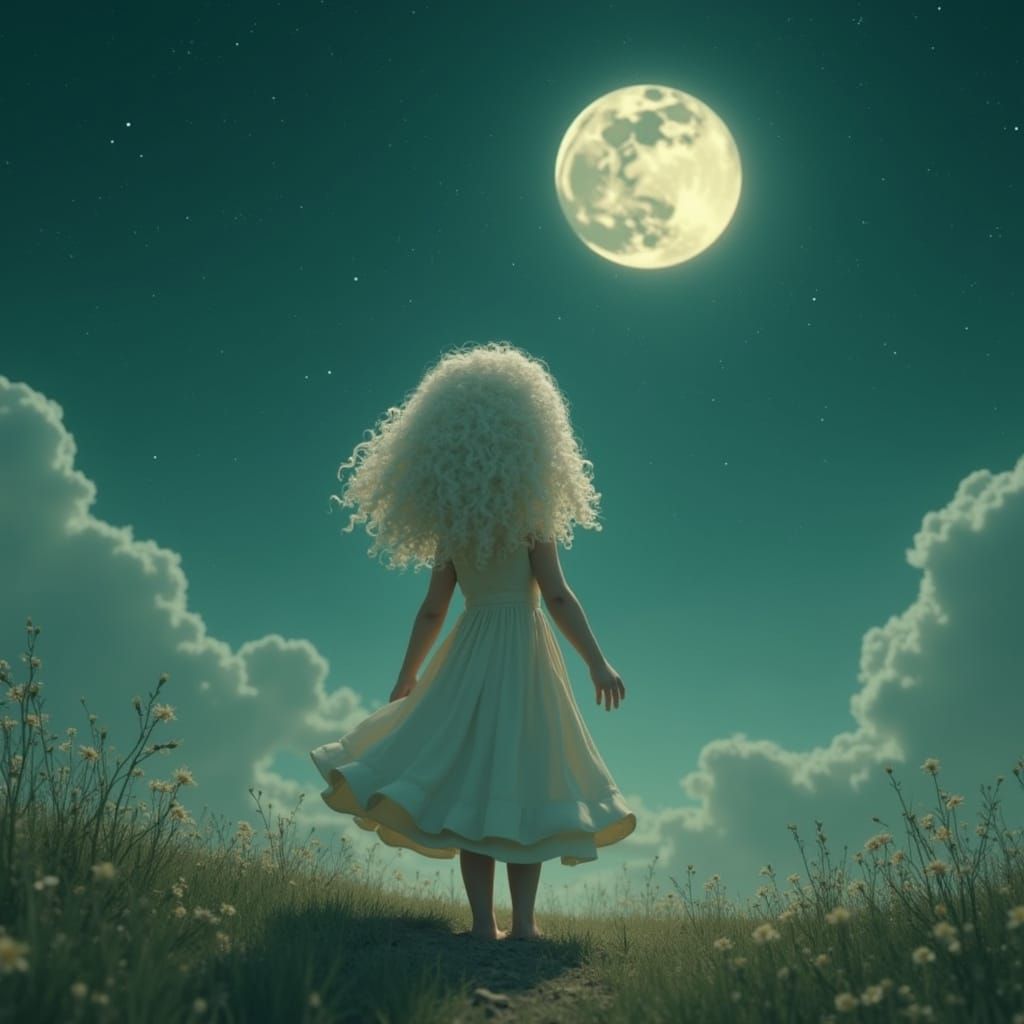 “A girl with soft skin and big white curly hair with a white maxi dress with under the name of new moon and starry sky, ...