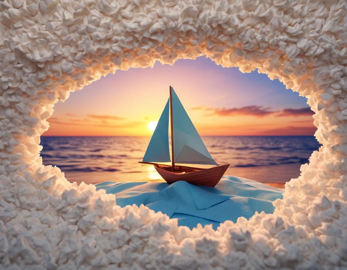 Sunset Beach Boat with Papercraft Clouds in 8K