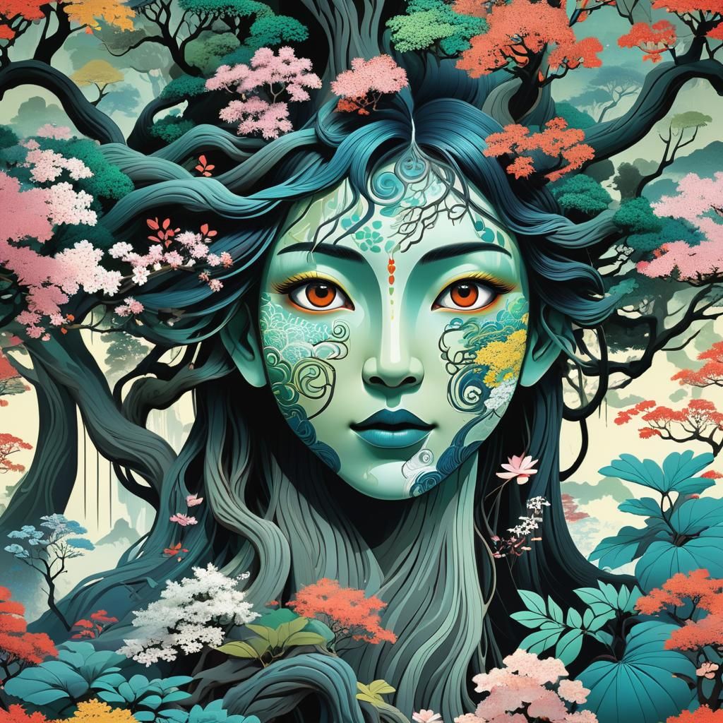Enchanted Forest Face in Ukiyo-e Style