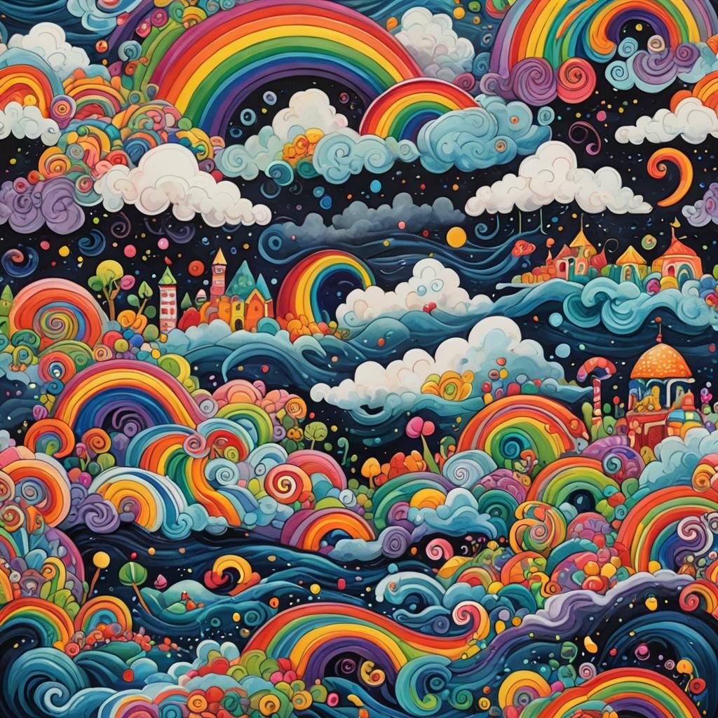 Rainbow Over Stormy Sea in Gouache Style