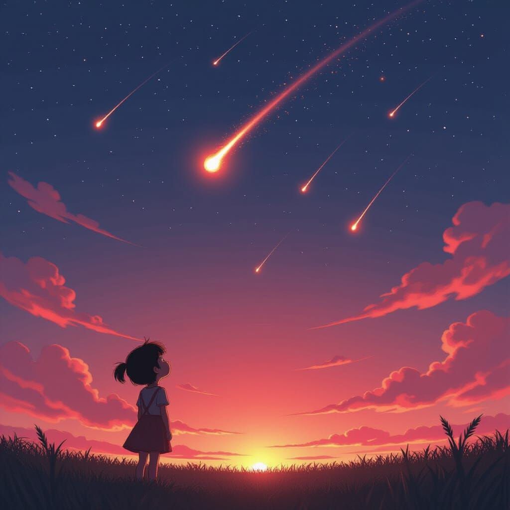 Anime Girl Watches Meteors Fall on Farm