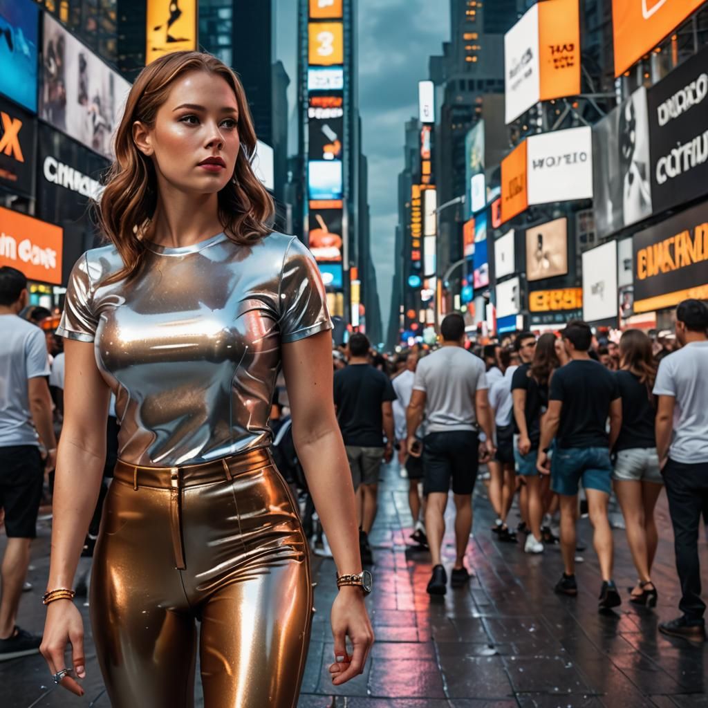 Metallic Latex Outfit in Times Square: Digital Art