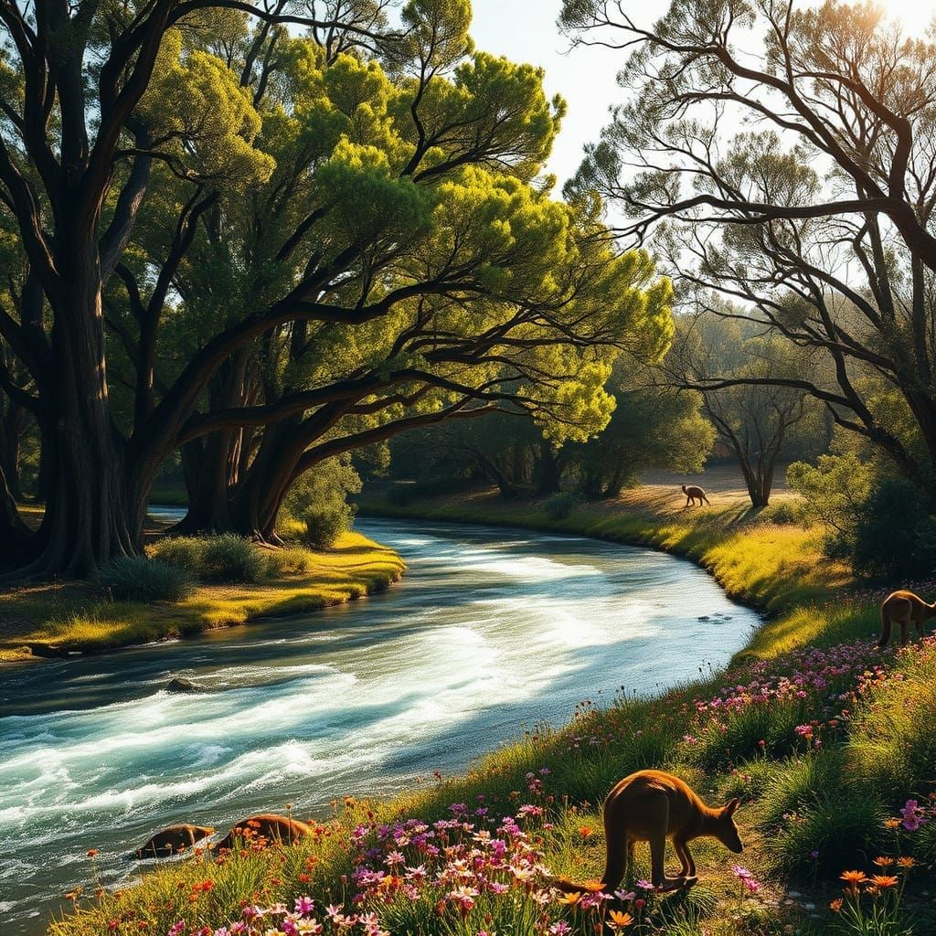 Towering Australian Gumtrees by a River with Wildflowers and...