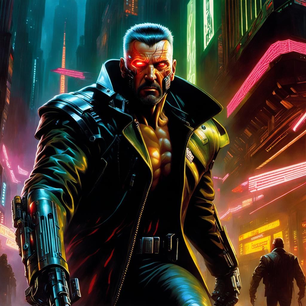 Cyberpunk Cyborg Hunter in Grim Pursuit