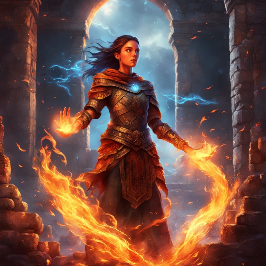 Girl with Fire Powers in Ancient Ruins