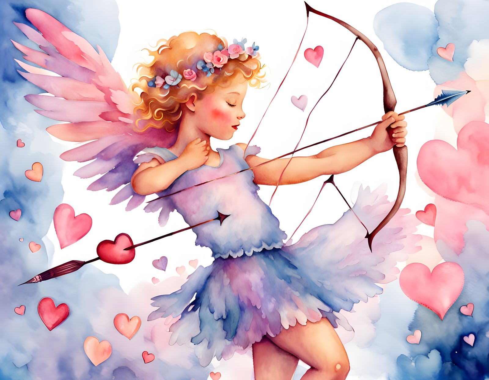 Whimsical Watercolor Cupid Flies with Hearts