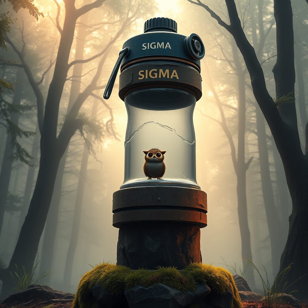 Mystical Water Bottle and Liil Git in Foggy Forest Landscape