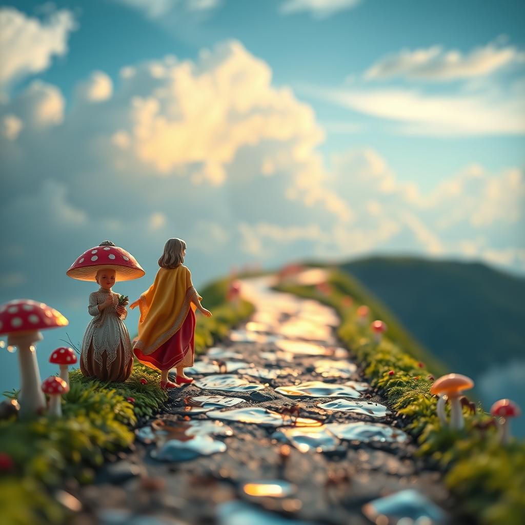 Ethereal Road Lined with Glass Figurines in Hyper-Realism