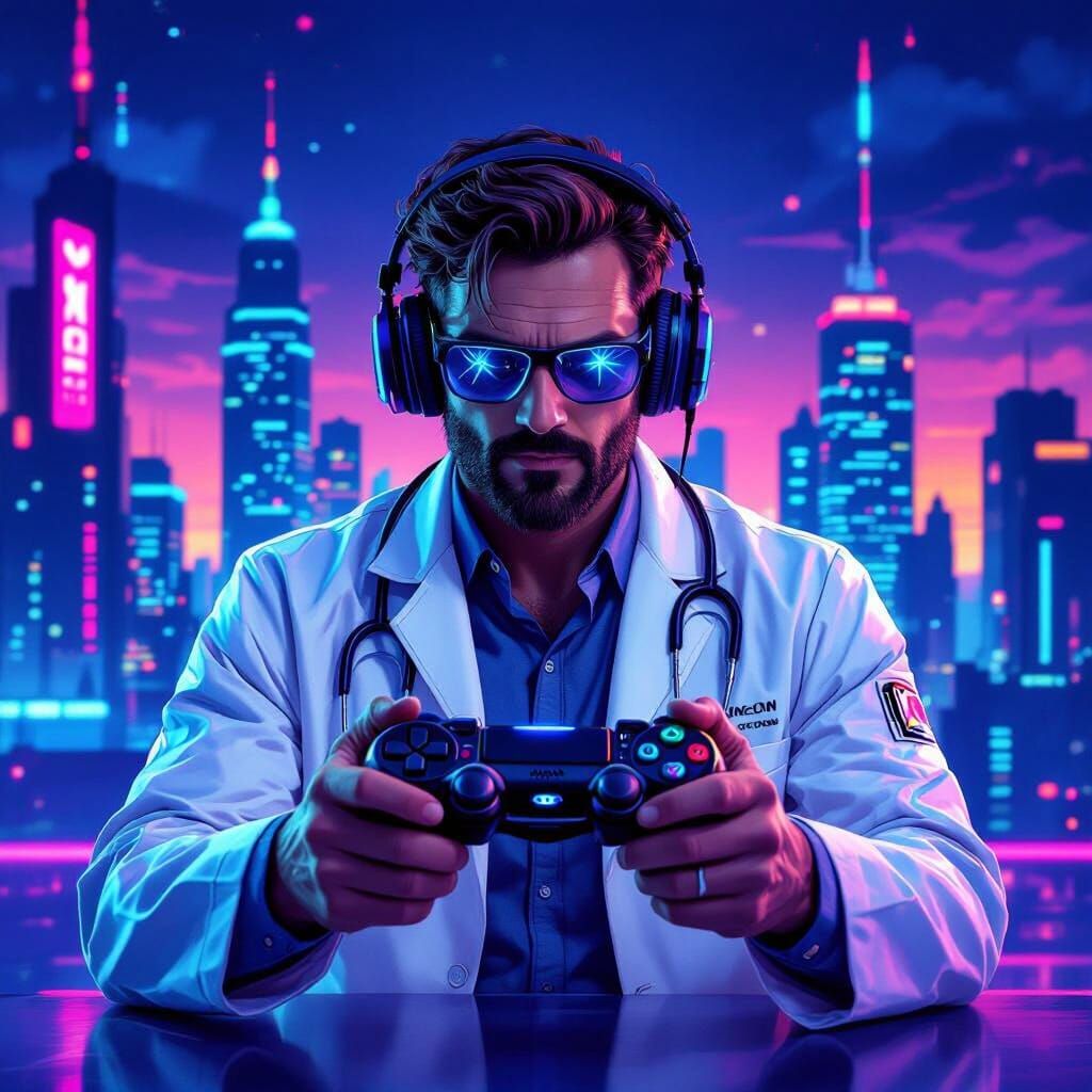 Cyberpunk Doctor Gamer in Neon Cityscape
