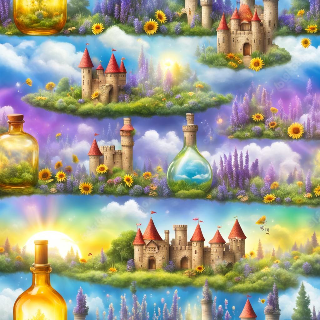 Magic Crystal Potions in a Rainbow Landscape