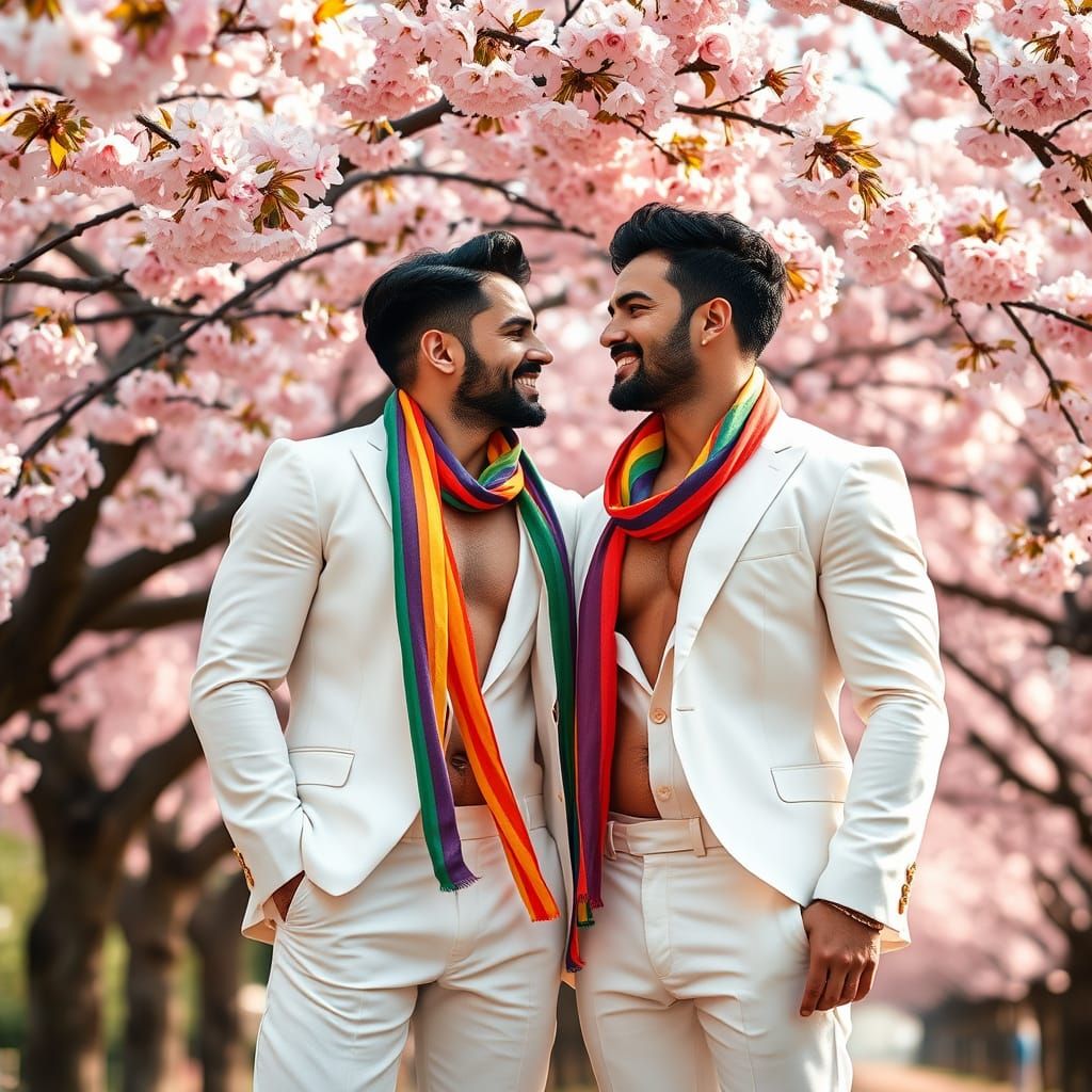Elegant Men Embodying Warm Intimacy Amidst Blossoming Cherry...
