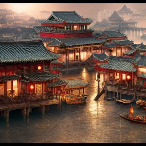 Epic Chinese Port Town Digital Matte Painting