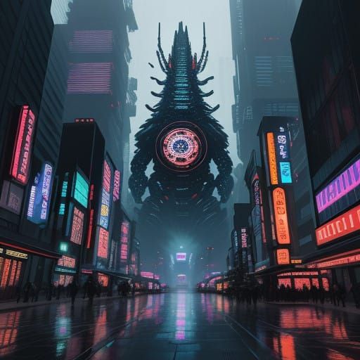 Neon-Lit Futuristic Metropolis Under Siege by Behemoth Monst...