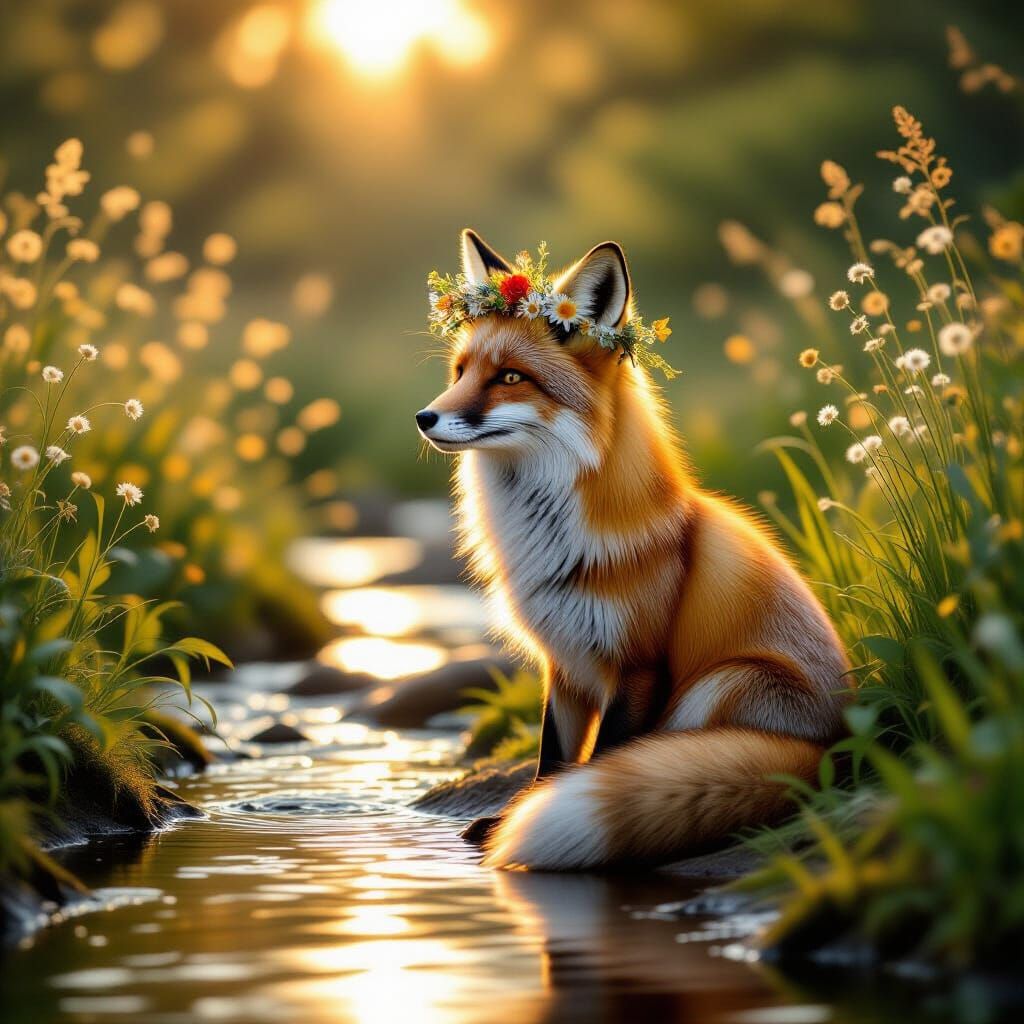 Fox With Wildflower Crown by Sunlit Stream